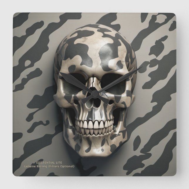 EXISTENTIAL LITE Memento Mori Camo Skull  Square Wall Clock (Front)