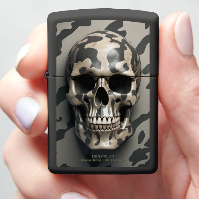 EXISTENTIAL LITE Memento Mori Camo Skull Zippo Lighter (In Hand)