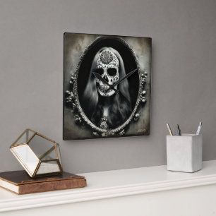 EXISTENTIAL LITE Vintage Femme Skull Portrait 5 Square Wall Clock