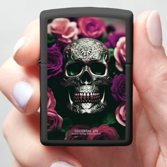 EXISTENTIAL LITE Wreath Skull 1d Zippo Lighter (In Hand)