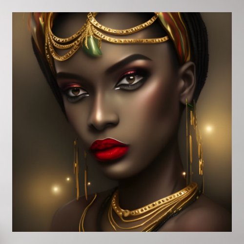 Exotic African Beautiful woman red lips gold gems Poster