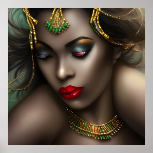 Exotic African Beautiful woman red lips gold green Poster