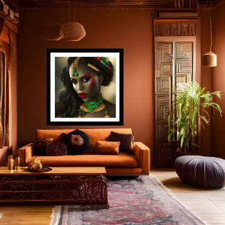 Exotic African Glamorous woman red lips green gold Poster