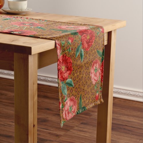 Exotic Animal Leopard Print Luscious Red Flowers Short Table Runner