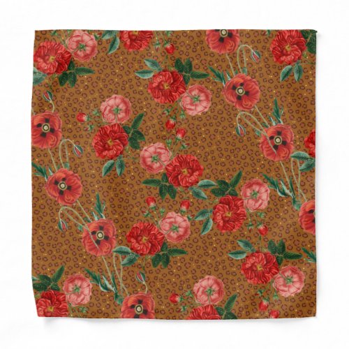 Exotic Animal Leopard Print Luscious Red Flowers T Bandana