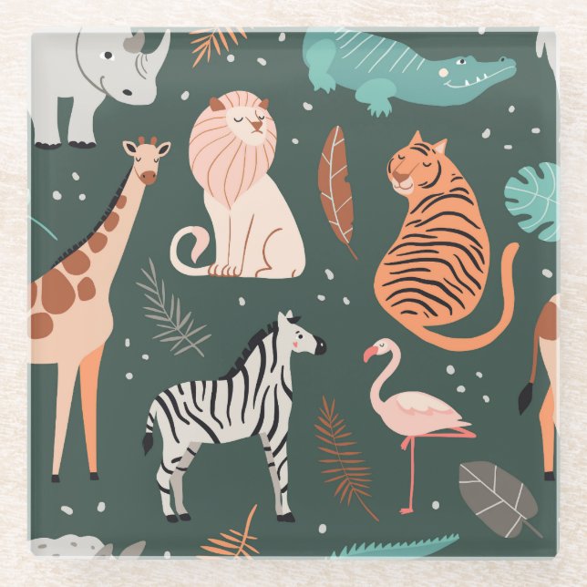 Exotic Animals: Dark Tropical Kids' Pattern. Glass Coaster (Front)