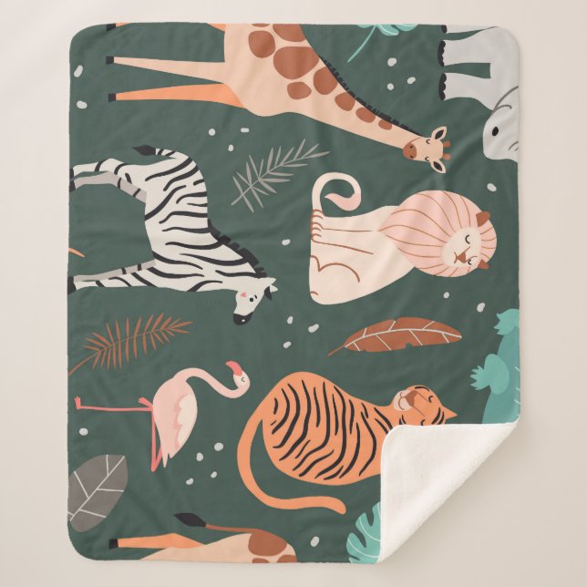 Exotic Animals: Dark Tropical Kids' Pattern. Sherpa Blanket (Front)