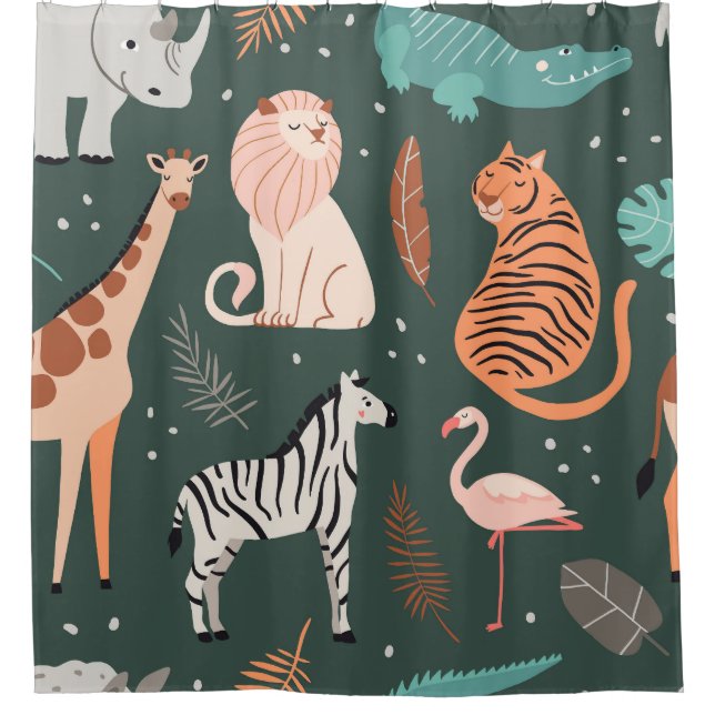 Exotic Animals: Dark Tropical Kids' Pattern. Shower Curtain (Front)