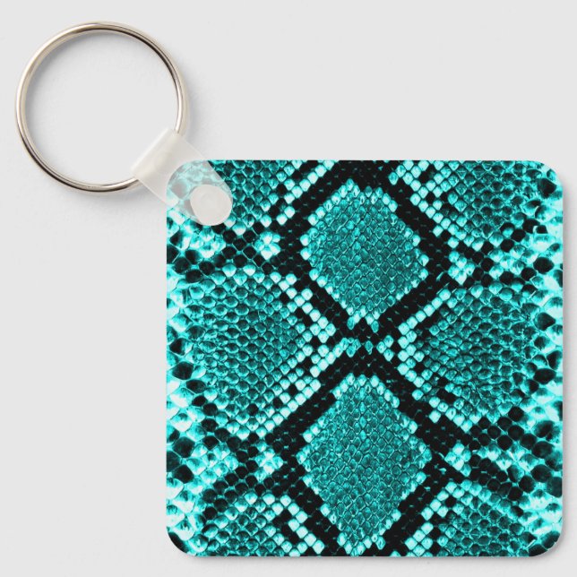 Exotic Aqua Diamond Rattlesnake Skin Animal Print Keychain (Front)