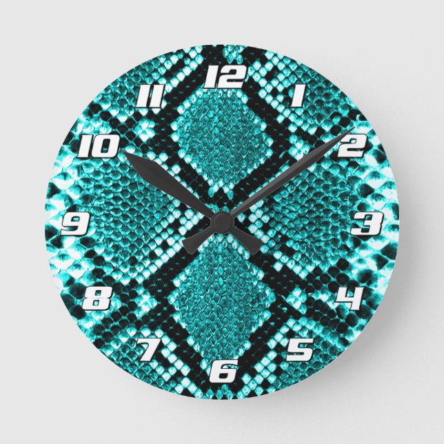 Exotic Aqua Diamond Rattlesnake Skin Animal Print Round Clock (Front)