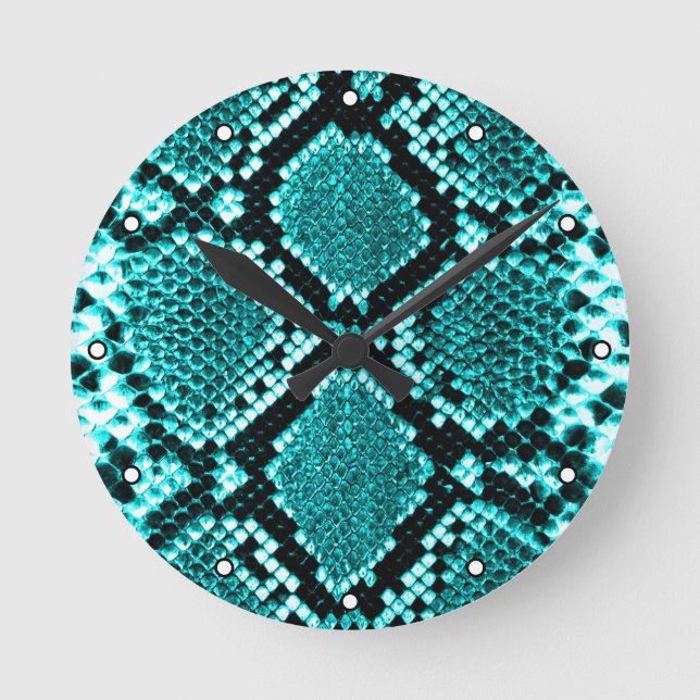 Exotic Aqua Diamond Rattlesnake Skin Animal Print Round Clock (Front)