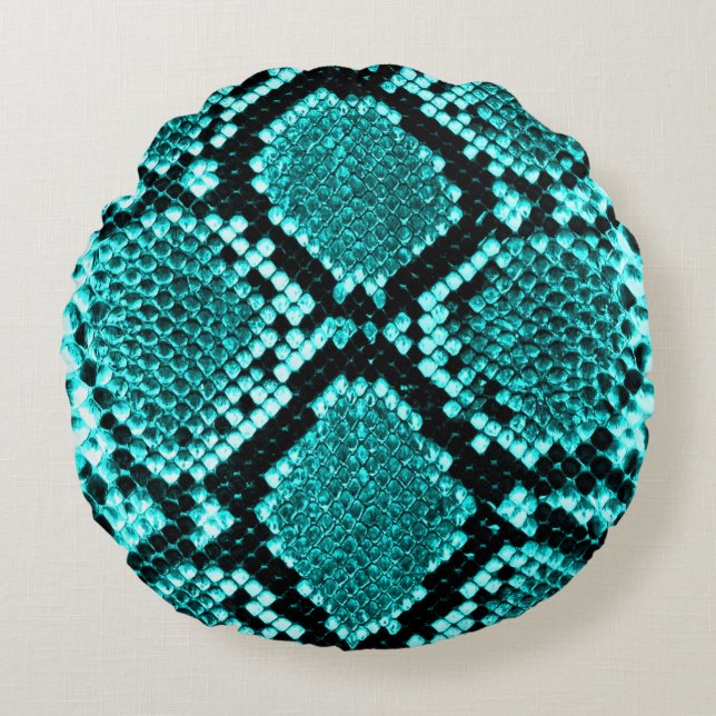 Exotic Aqua Diamond Rattlesnake Skin Animal Print Round Pillow (Front)