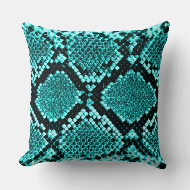Exotic Aqua Diamond Rattlesnake Skin Animal Print Throw Pillow (Front)