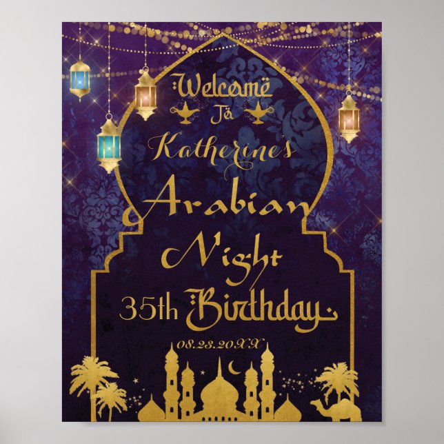 Exotic Arabian Nights Lamp Birthday Party Welcome Poster (Front)