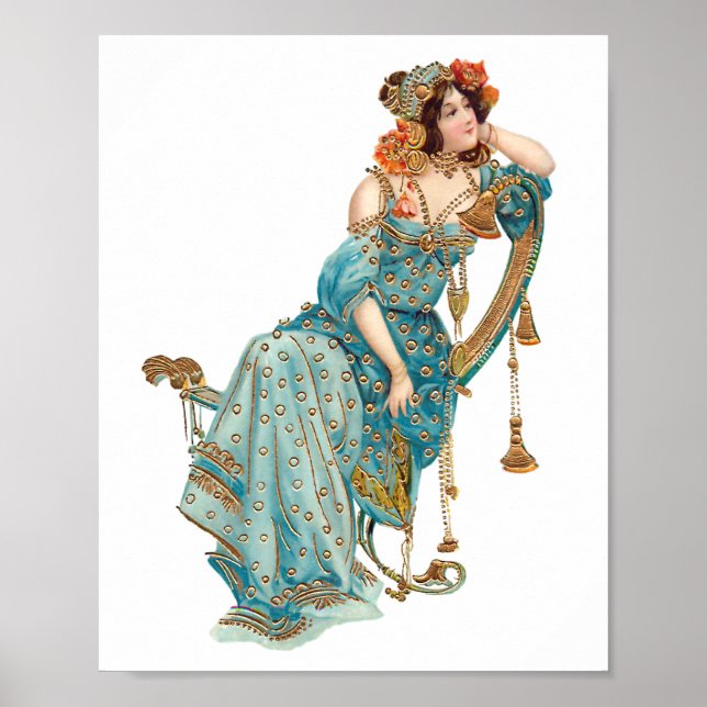 Exotic Art Nouveau Beauty in Teal Robes Poster (Front)