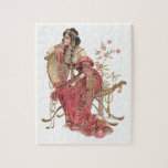 Exotic Art Nouveau Woman in Ornate Costume Jigsaw Puzzle<br><div class="desc">Beautiful and exotic art nouveau style vintage beauty in coral colored gown with heavy ornamentation,  seated in a golden chair with potted flowers behind her. Restored illustration is highlighted in faux gilt and background color is editable.</div>