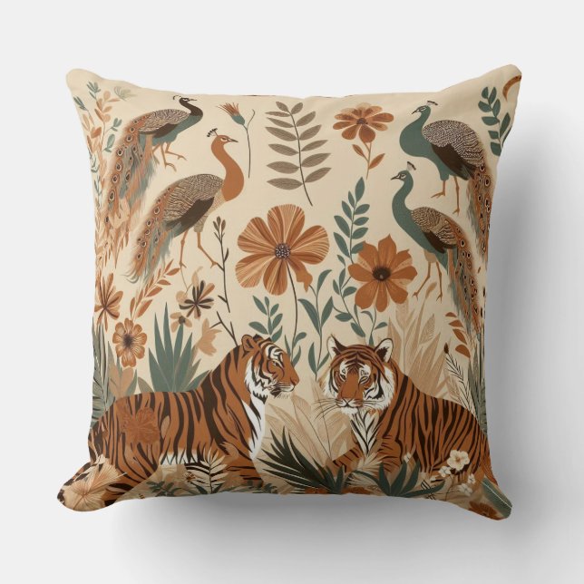 exotic art of tigers and bohemian floral turkeys throw pillow (Front)