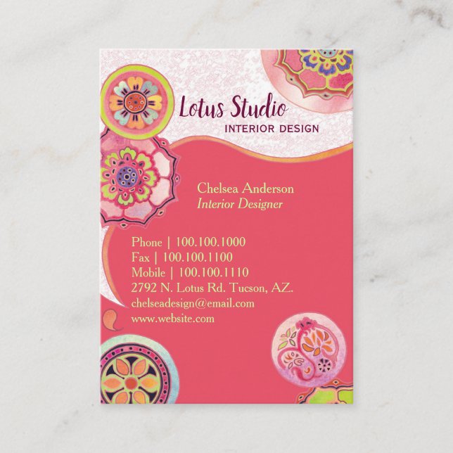 Exotic Asian Lotus Patterns Pink Business Card (Front)