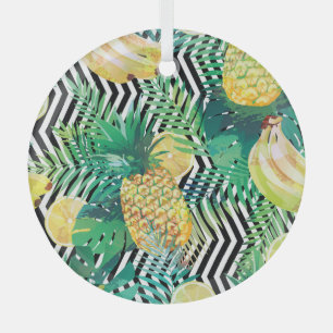 Exotic Bananas Lemons Tropical Seamless Glass Ornament