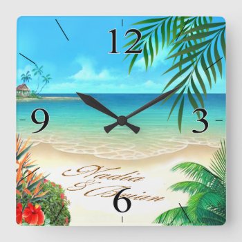 Exotic Beach Ask Me To Draw Your Names In Sand Square Wall Clock by glamprettyweddings at Zazzle