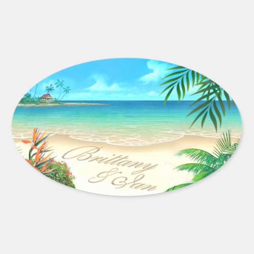 Exotic Beach ask me to put your names in sand Oval Sticker