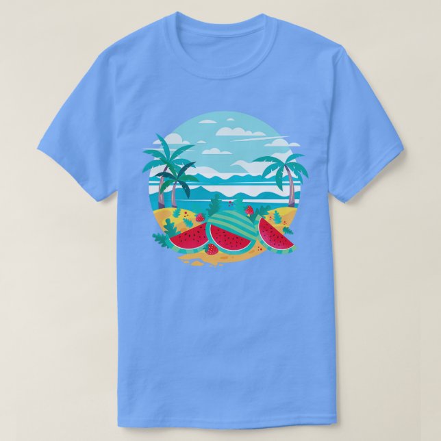Exotic Beach Ocean Palm Trees Melon Fruit Watermel T-Shirt (Design Front)