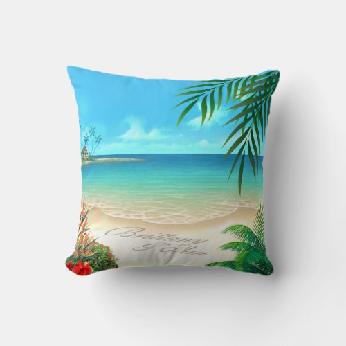 Exotic Beach Tropical ask me to add names in sand Throw Pillow
