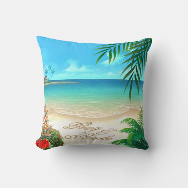 Exotic Beach Tropical ask me to add names in sand Throw Pillow (Front)