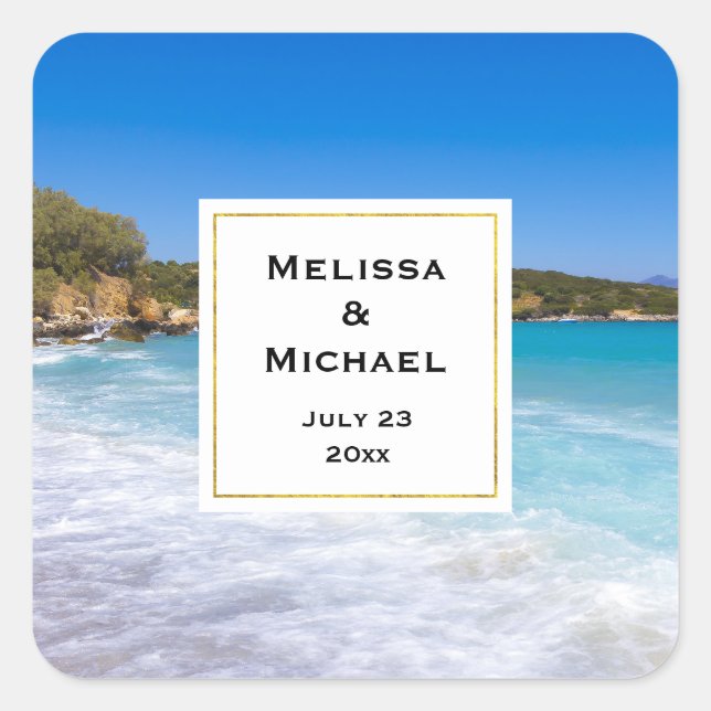 Exotic Beach Tropical Island Paradise Wedding Date Square Sticker (Front)
