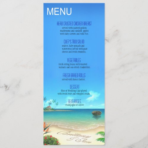 Exotic Beach Wedding Menu ask about names in sand