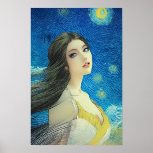 Exotic Beauty in Starry Night Van Gogh Style Art  Poster