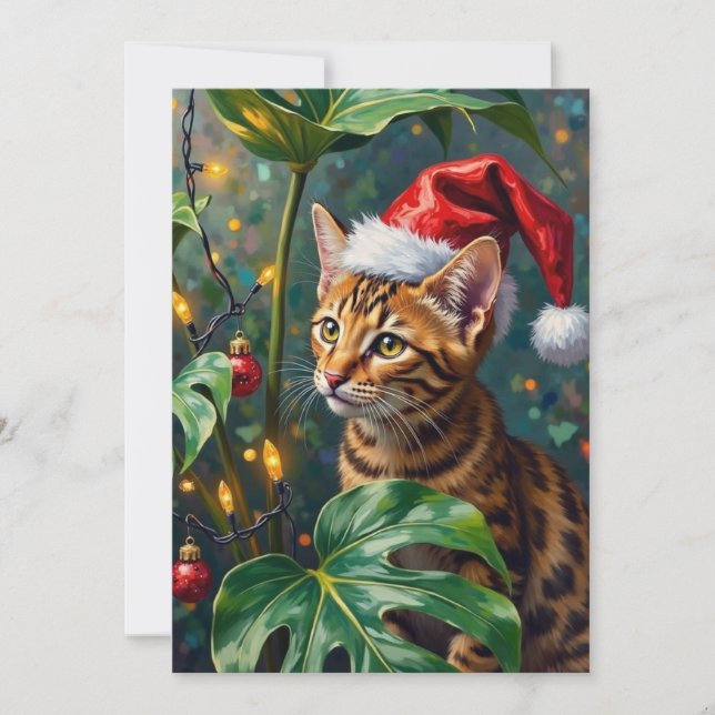 Exotic Bengal Cat Jungle Christmas Playtime Art Holiday Card (Front)
