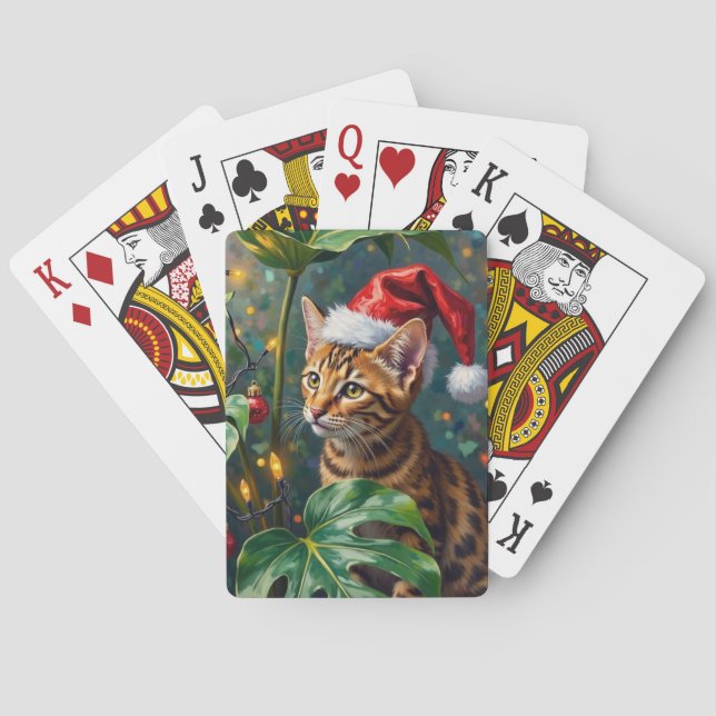 Exotic Bengal Cat Jungle Christmas Playtime Art Poker Cards (Back)