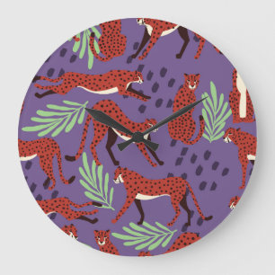 Exotic big cats, tropical plants pattern. large clock