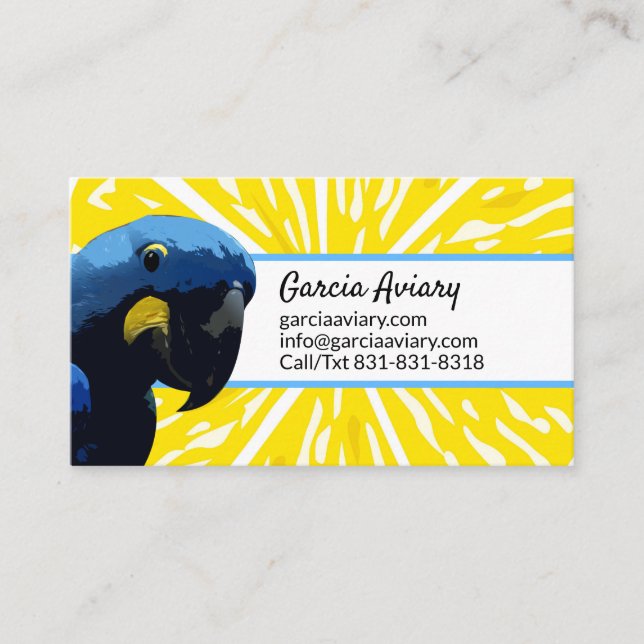 Exotic Bird Breeder Parrot Aviary Hyacinth Macaw Business Card (Front)