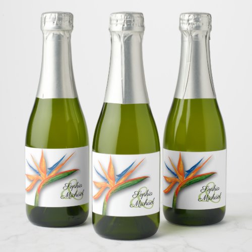 Exotic Bird of Paradise Watercolor Wedding Mini Sparkling Wine Label