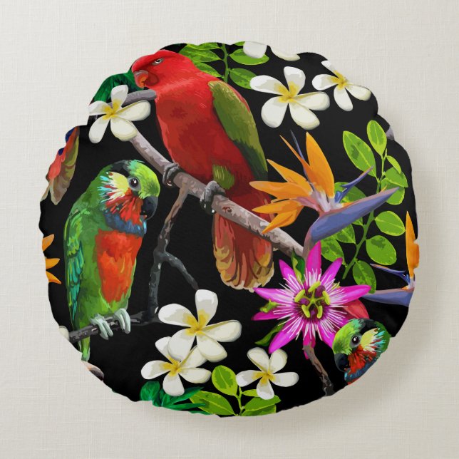 exotic birds and beautiful flowers round pillow (Front)