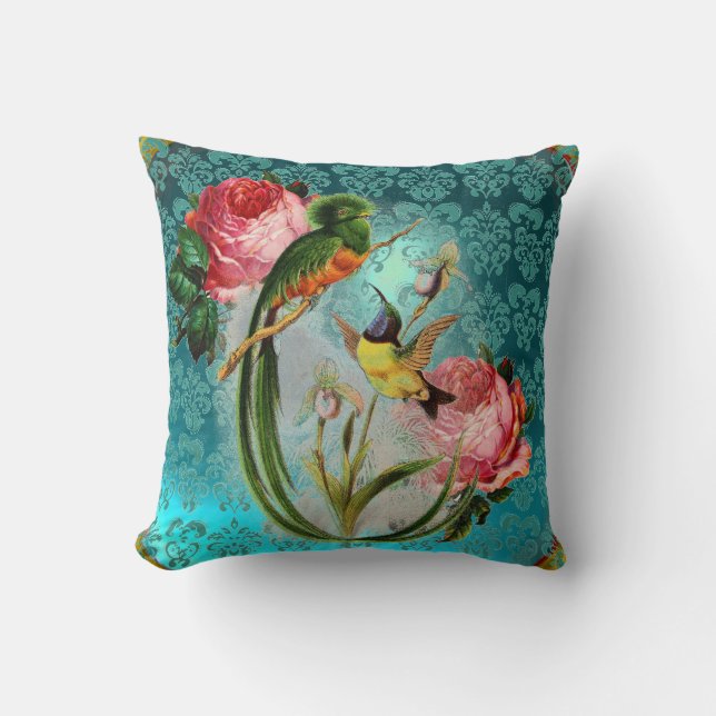 EXOTIC BIRDS AND PINK ROSES AQUA BLUE,TEAL DAMASK THROW PILLOW (Front)