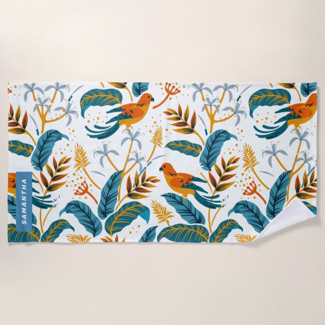 Exotic birds and tropical leaves pattern beach towel (Front)