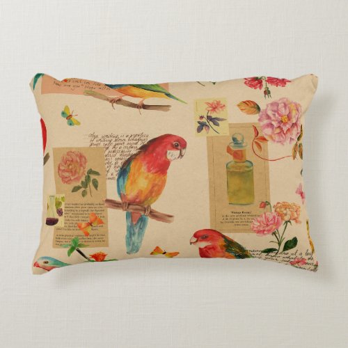 Exotic Birds  Florals Vintage Watercolor Collage Accent Pillow
