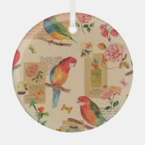 Exotic Birds & Florals: Vintage Watercolor Collage Glass Ornament