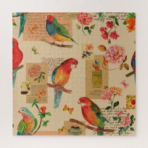 Exotic Birds  Florals Vintage Watercolor Collage Jigsaw Puzzle