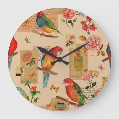 Exotic Birds  Florals Vintage Watercolor Collage Large Clock