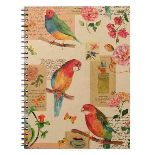 Exotic Birds  Florals Vintage Watercolor Collage Notebook