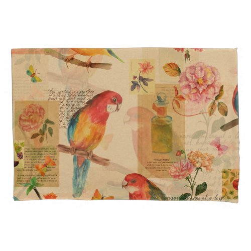 Exotic Birds  Florals Vintage Watercolor Collage Pillow Case