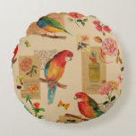 Exotic Birds &amp; Florals: Vintage Watercolor Collage Round Pillow