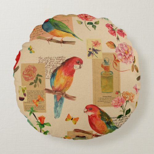Exotic Birds  Florals Vintage Watercolor Collage Round Pillow