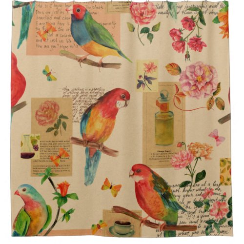 Exotic Birds  Florals Vintage Watercolor Collage Shower Curtain