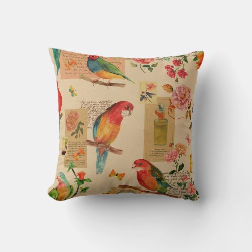 Exotic Birds  Florals Vintage Watercolor Collage Throw Pillow