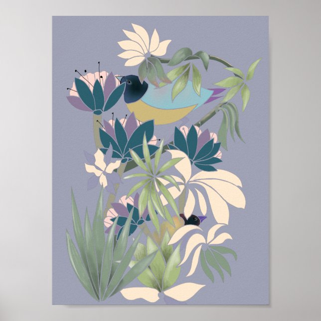 Exotic birds flowers abstract garden art poster (Front)